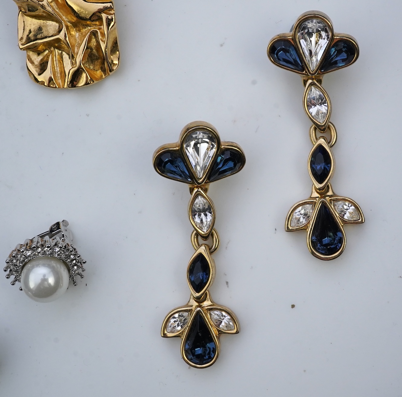 Five pairs of vintage costume earrings, some for pierced ears and other clips